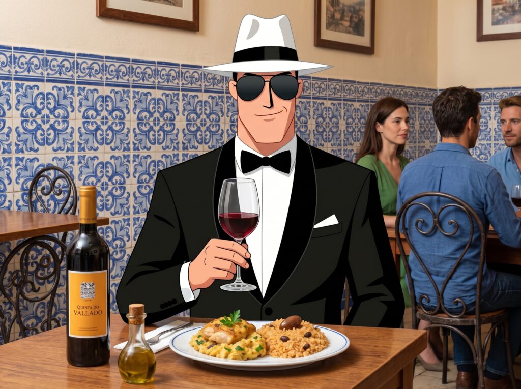 MR tomando uma taça de vinho em um típico restaurante portugues