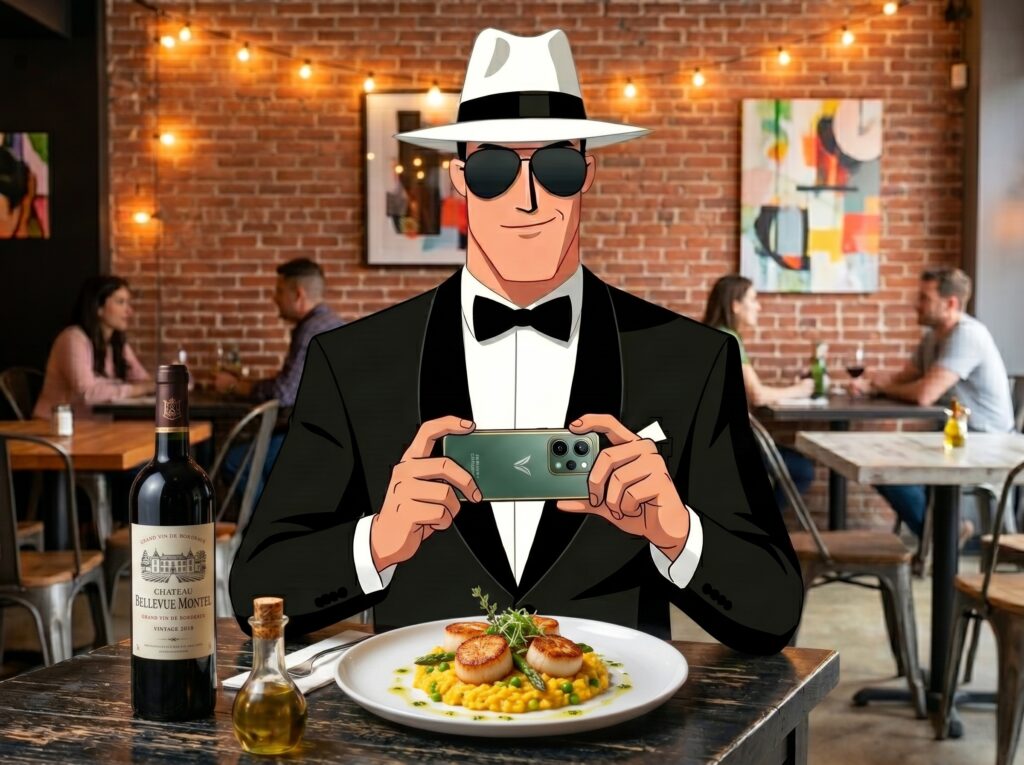 Mr tirando foto de um prato de comida em um restaurante.