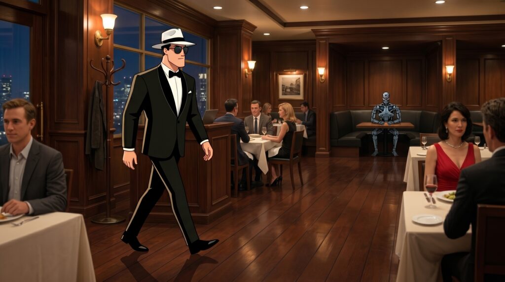 Spy chegando a um restaurante